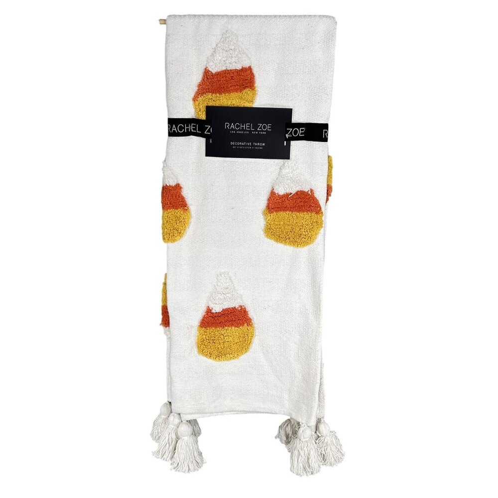 Rachel Zoe NWT Throw Blanket 50" X 60" Off White Tri Color 3D Candy Corn Tassels